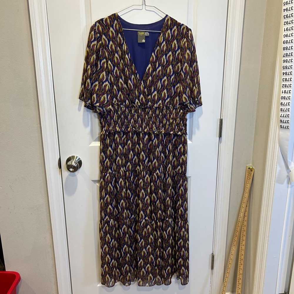 Taylor Womens Maxi Dress Abstract Geometric Smocked‎ Waist Purple Blue XL